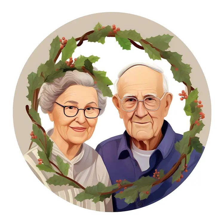 Elderly Couple in Christmas Wreath Portrait