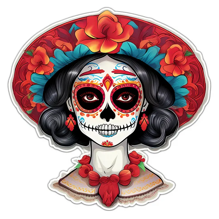 Colorful Sugar Skull with Hat and Flowers