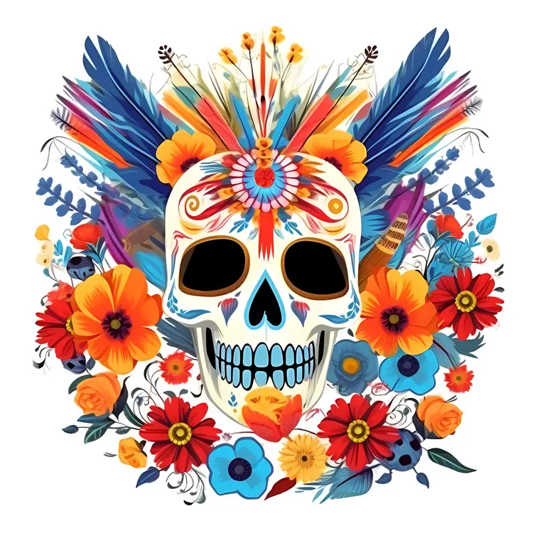 Colorful Skull with Flowers and Feathers for Day of the Dead