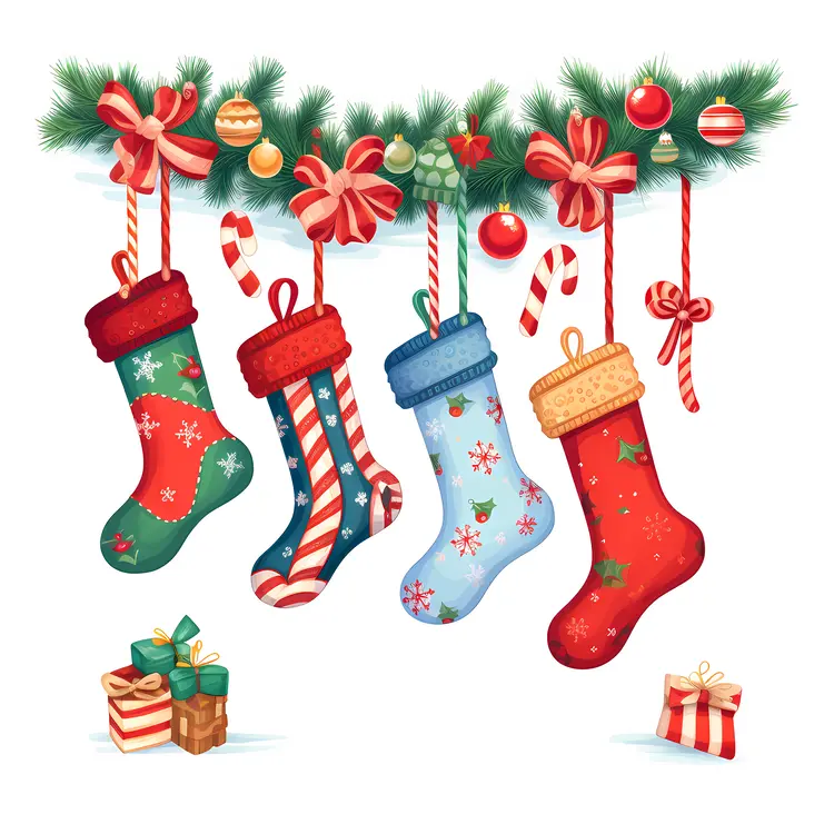 Christmas Stockings with Gifts and Ornaments