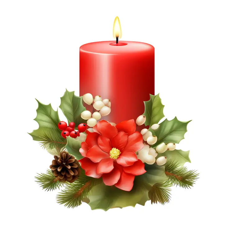 Red Candle with Flowers and Holly Leaves
