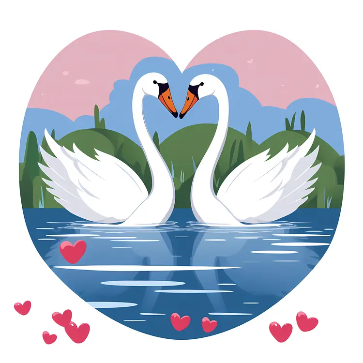 Romantic Swans in Love on a Lake