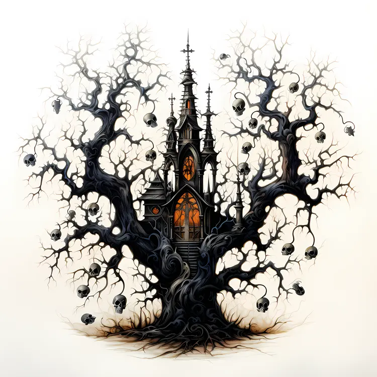 Haunted Tree with Skulls and House