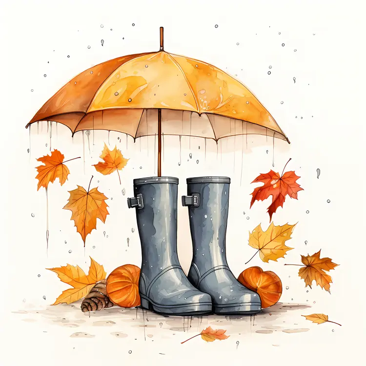 Gray Rain Boots and Umbrella with Autumn Leaves