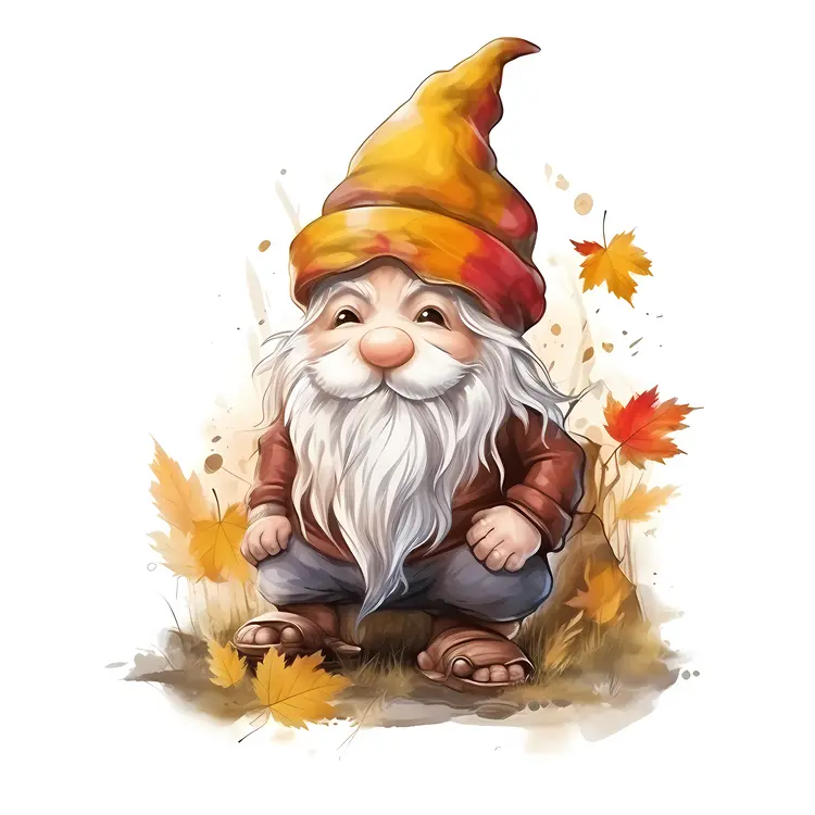 Cute Gnome with Autumn Leaves