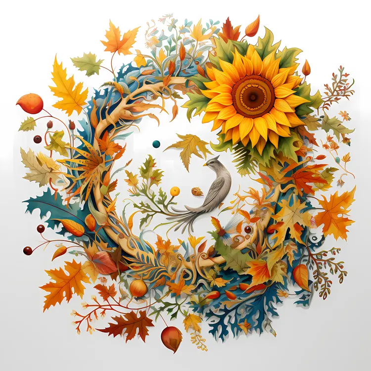 Sunflower and Autumn Leaves in a Circular Arrangement