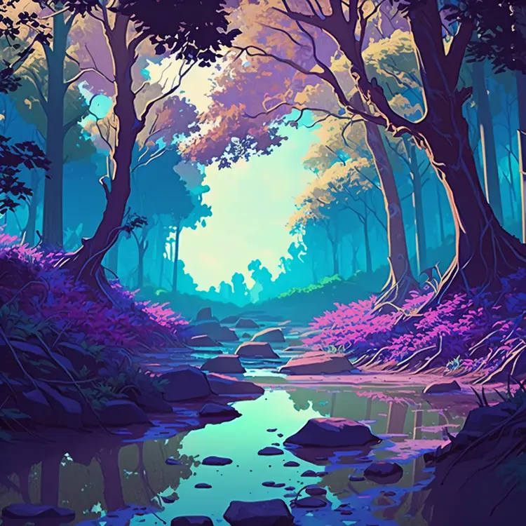 Serene Forest Stream with Purple Flowers