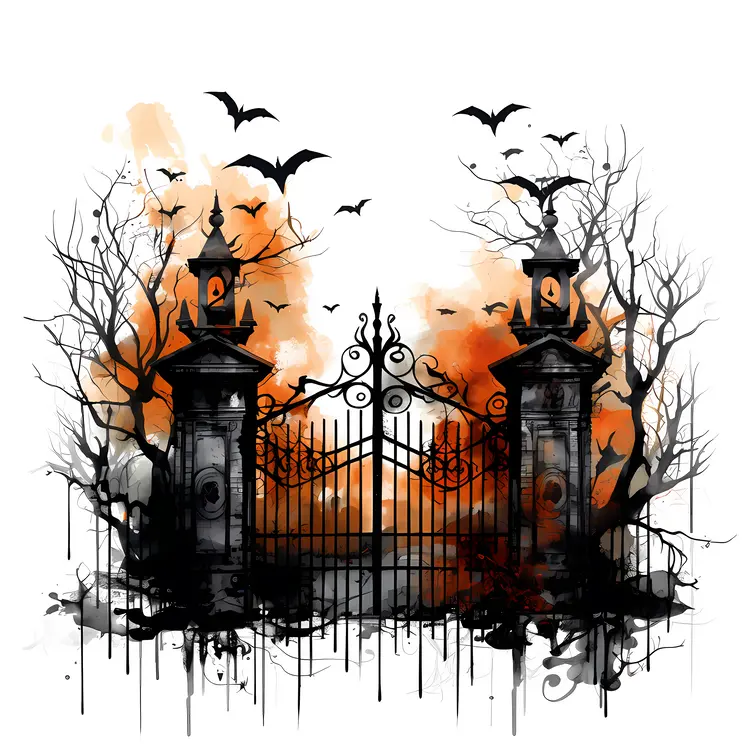Spooky Haunted Gate with Bats and Fog