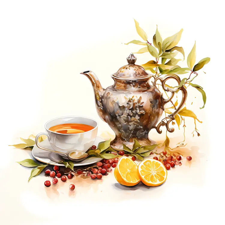 Silver Teapot with Cup and Oranges