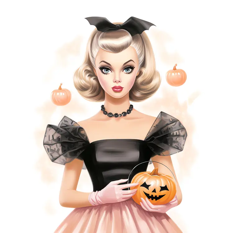 Blonde Girl with Pumpkin in Halloween Costume
