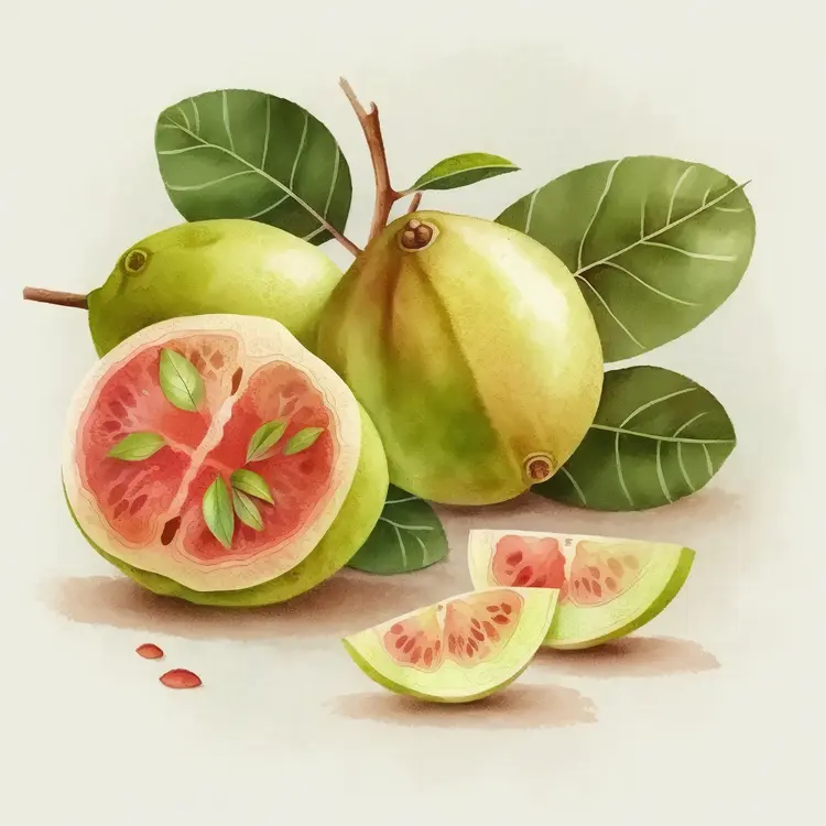 Fresh Green Guava with Leaves and Slices