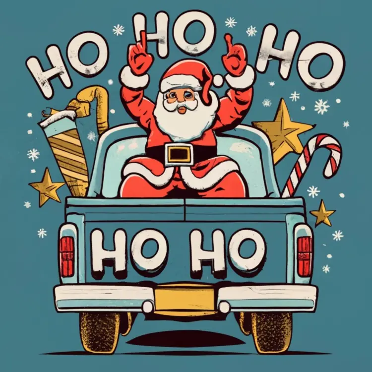Santa Claus Celebrating in Truck with Gifts