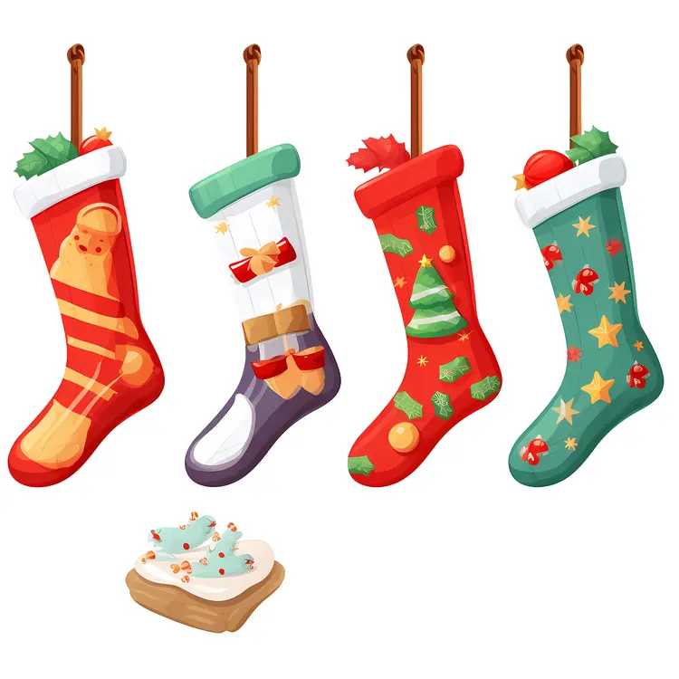 Colorful Christmas Stockings with Ornaments and Holly Leaves