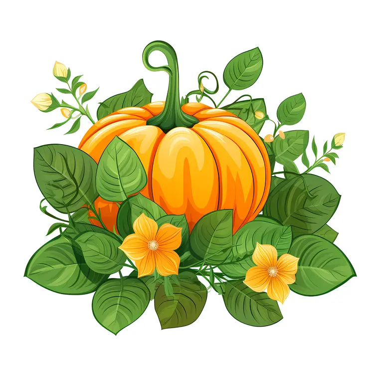 Pumpkin with Leaves and Flowers