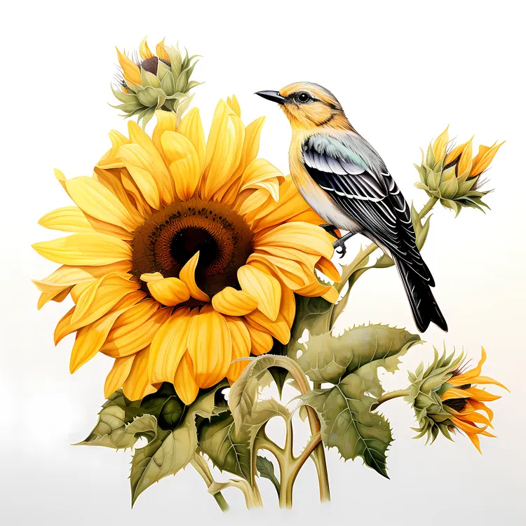 Beautiful Sunflower with Bird Illustration