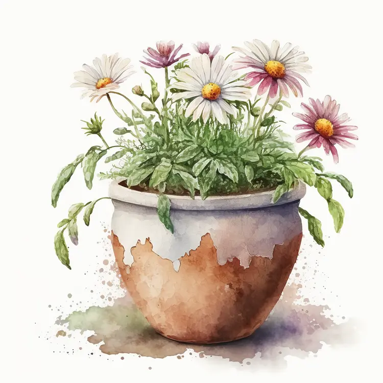 Watercolor Potted Daisies