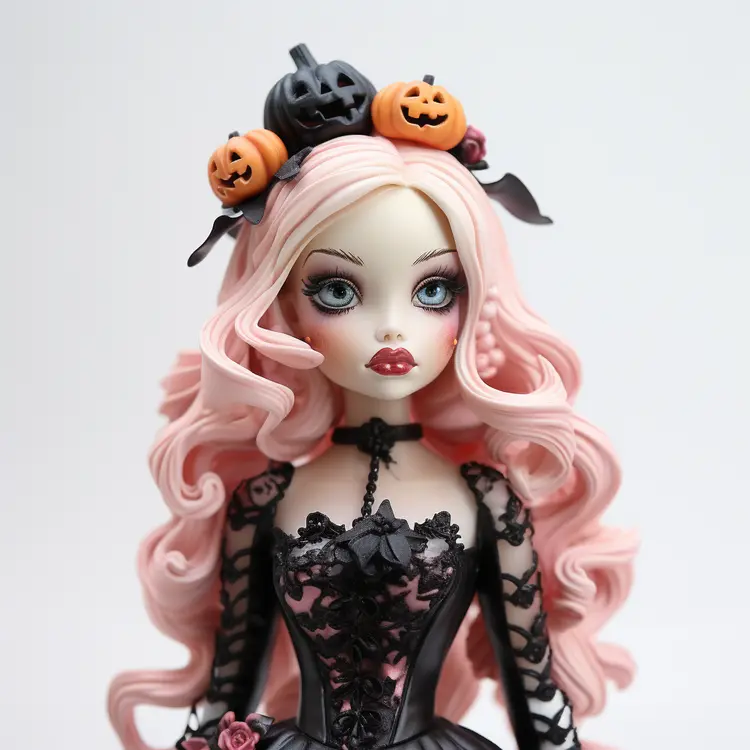 Pink-Haired Halloween Doll with Pumpkin Headband