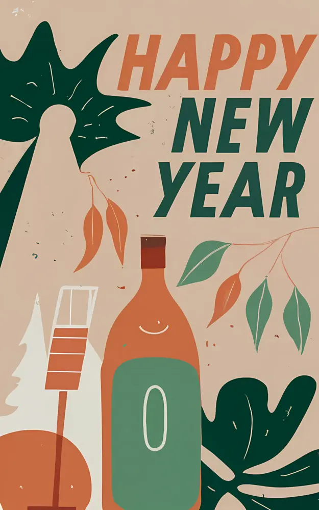 Happy New Year with Bottle and Leaves