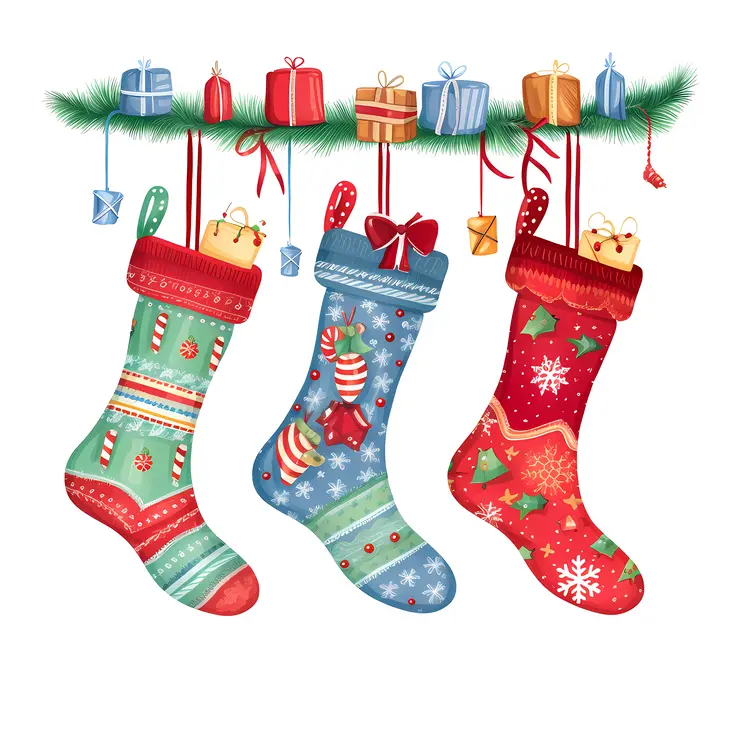 Hanging Christmas Stockings with Gifts and Ornaments
