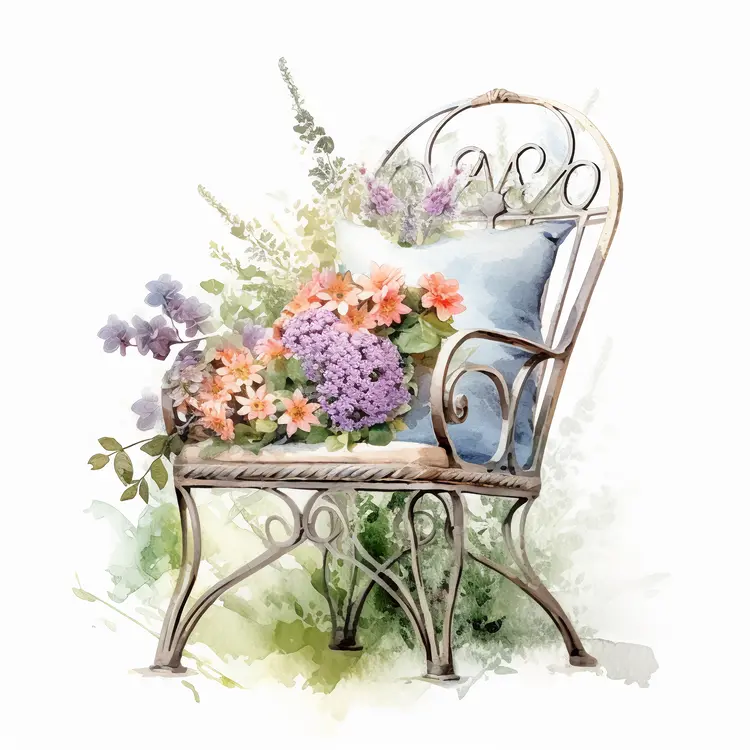 Vintage Garden Chair with Flowers and Cushion