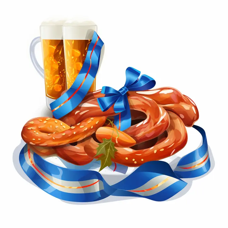 Pretzel and Beer with Blue Ribbon for Oktoberfest Celebration