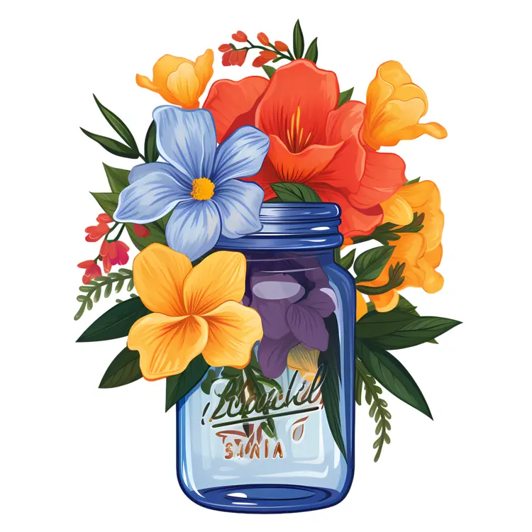 Colorful Flowers in a Blue Jar