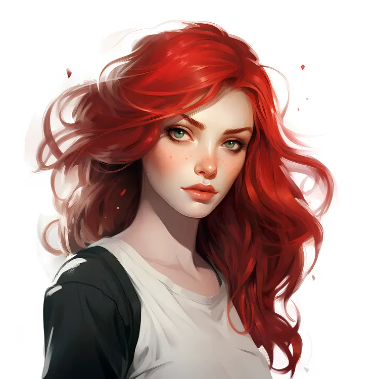 Serious Red-haired Girl in White and Black Shirt