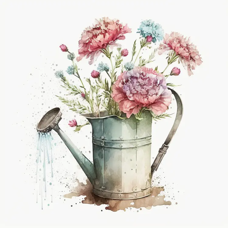 Beautiful Watering Can with Flowers in Watercolor Style