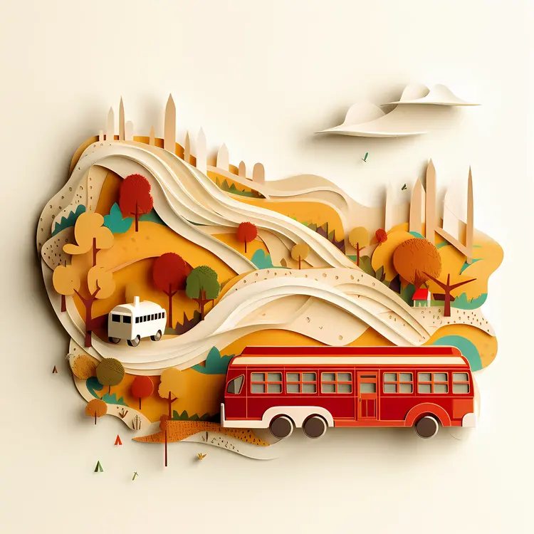 Paper Art Buses on a Winding Road