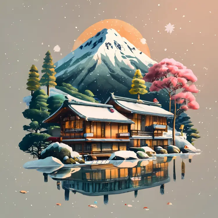Small cute doodle house in snowy mountain landscape