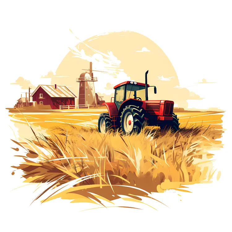 Tractor in Field with Barn and Windmill