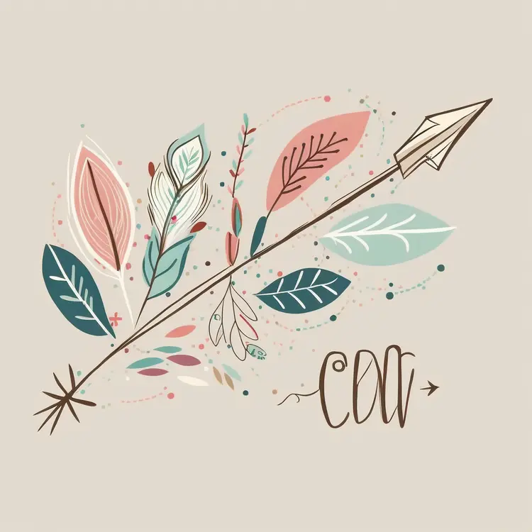 Hand-Drawn Boho Arrow with Feathers and Leaves