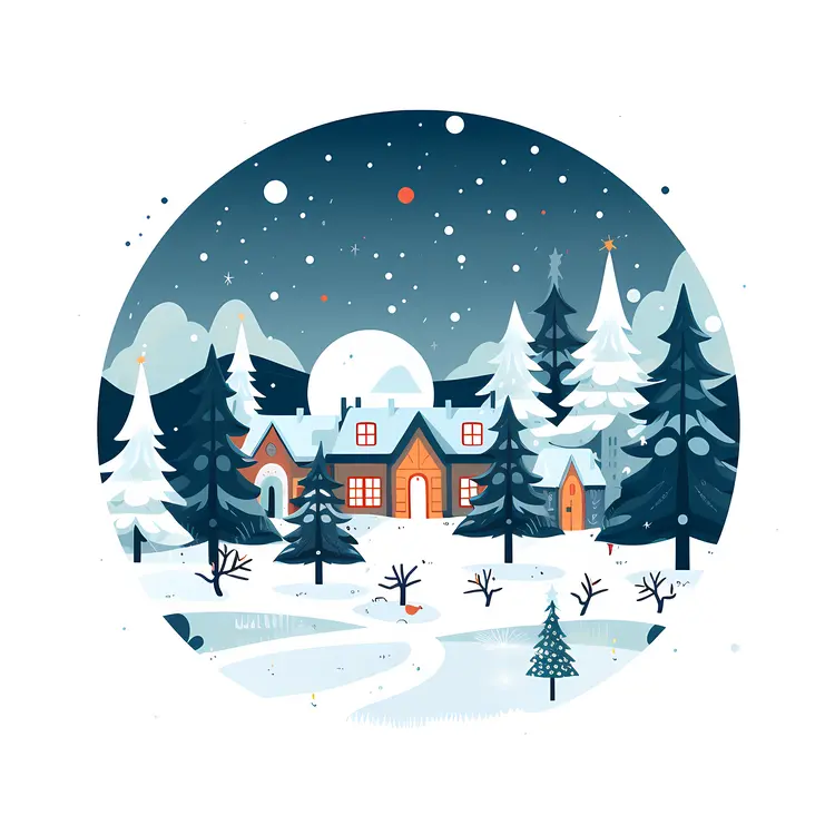 Snowy House in Winter Night