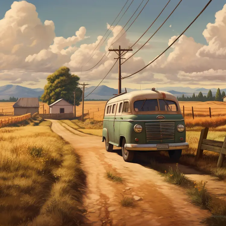 Vintage Green Van on a Countryside Road