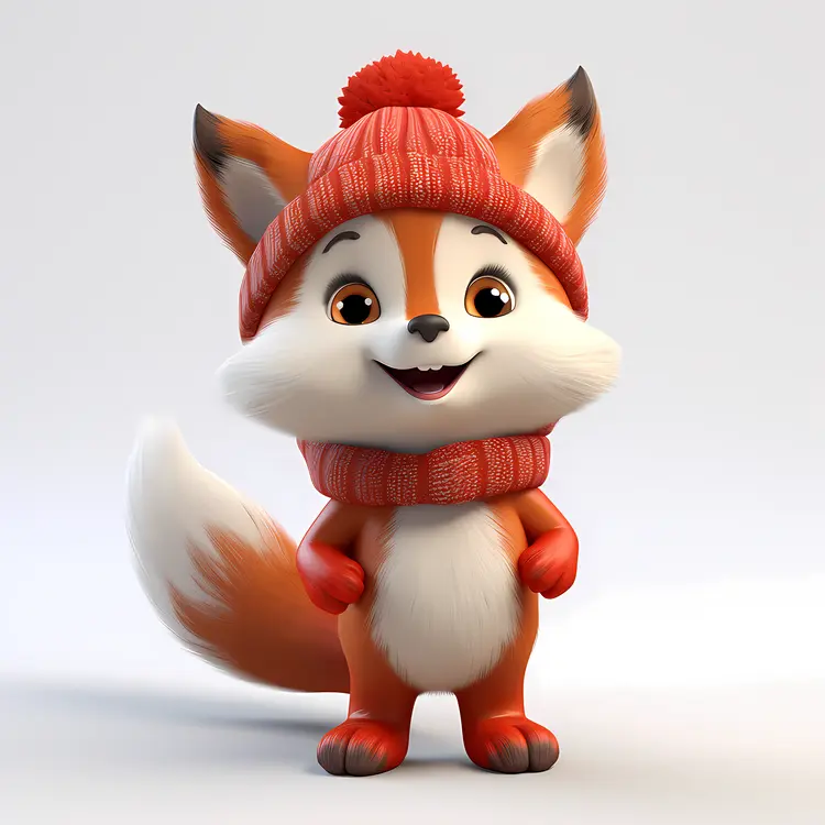 Cute Fox in Winter Hat and Scarf