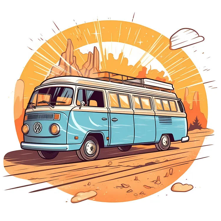 Retro Blue Van on a Road Trip Adventure