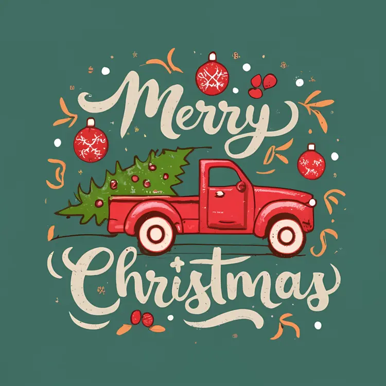 Red Truck with Christmas Tree and Merry Christmas Text