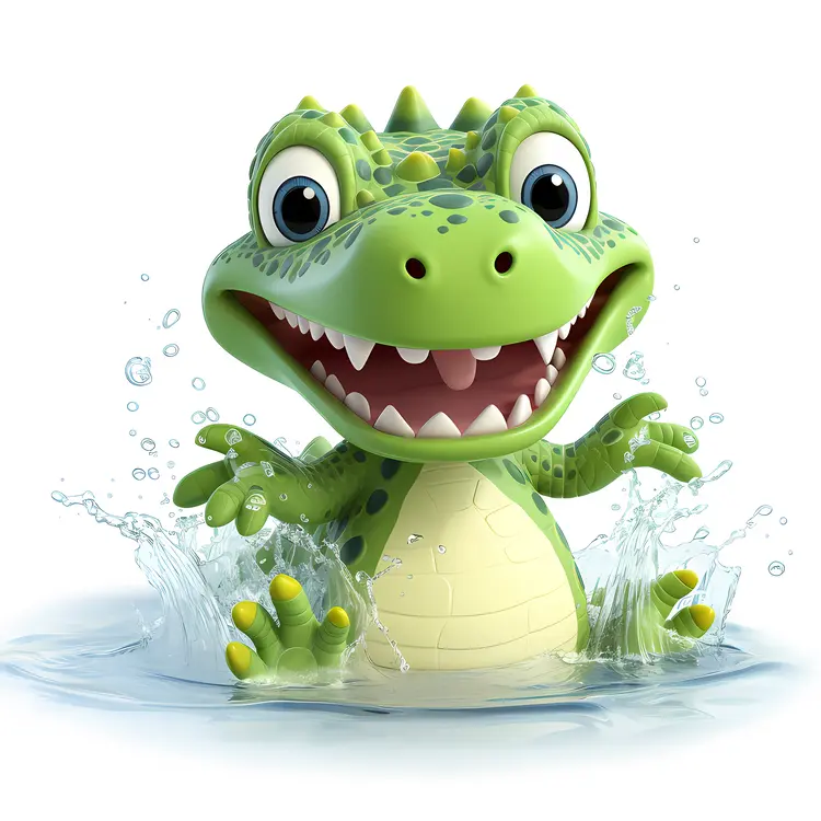 Cute Green Cartoon Crocodile Splashing in Water