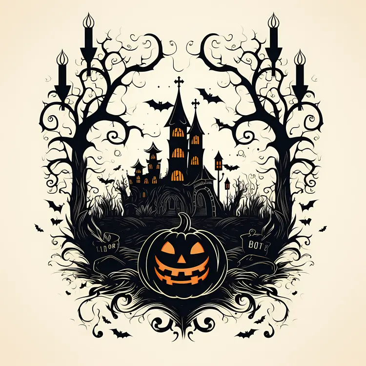 Haunted House with Pumpkin and Bats