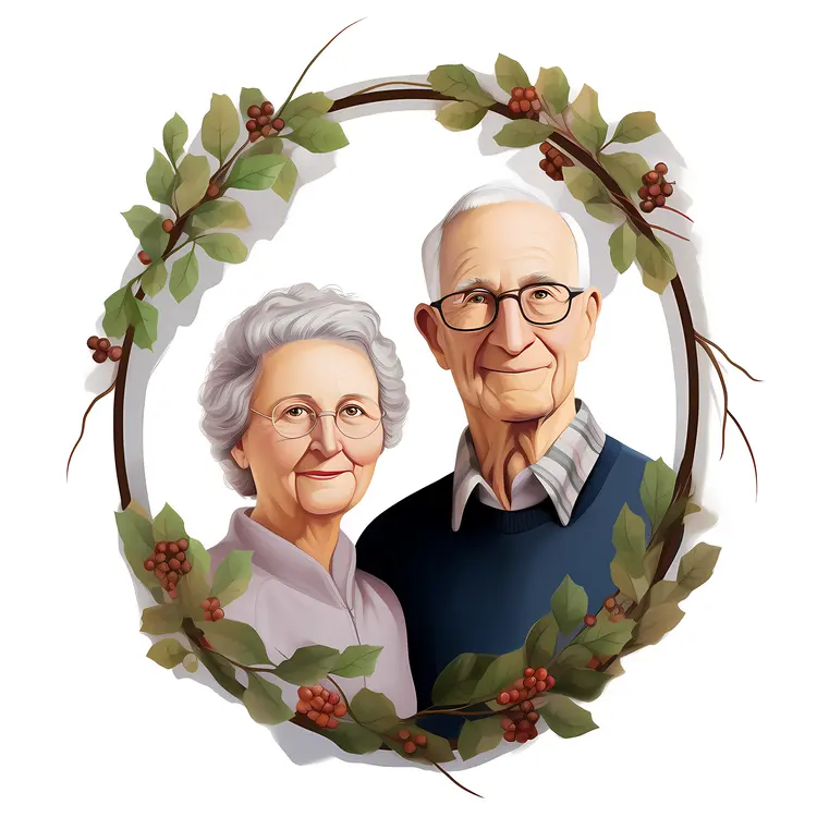 Elderly Couple Portrait with Wreath for Grandparents Day