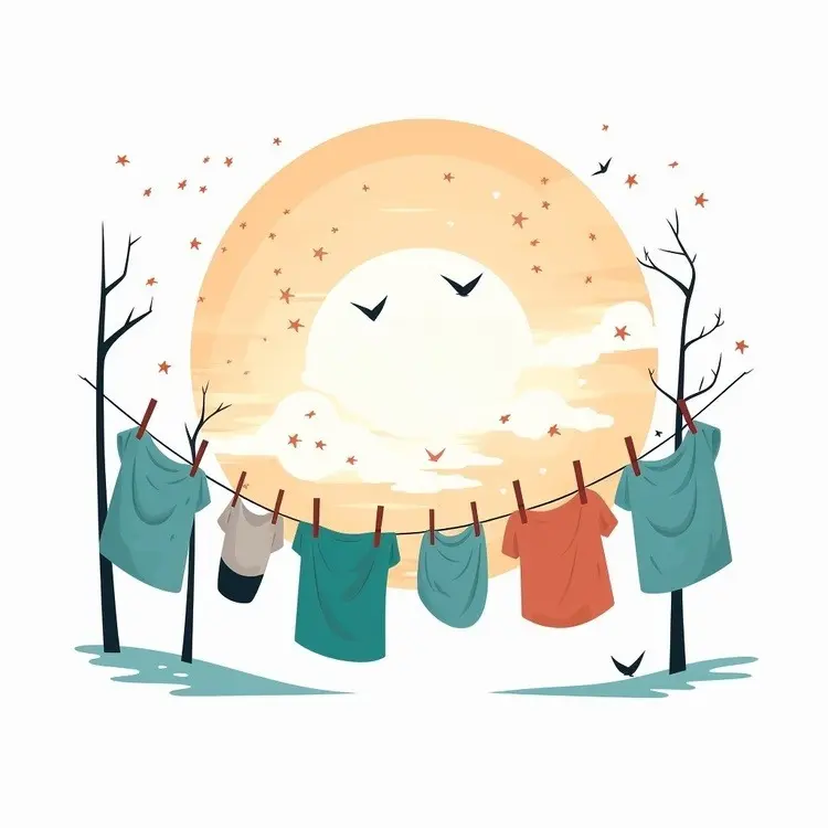 Clothes Drying on a Line with Sun and Trees