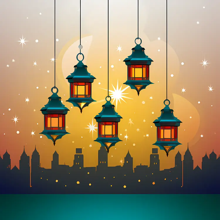 Hanging Lanterns with City Silhouette
