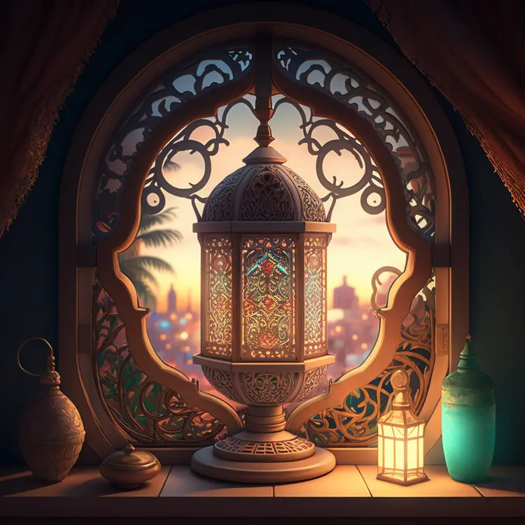 Ornate Lantern by the Window at Sunset