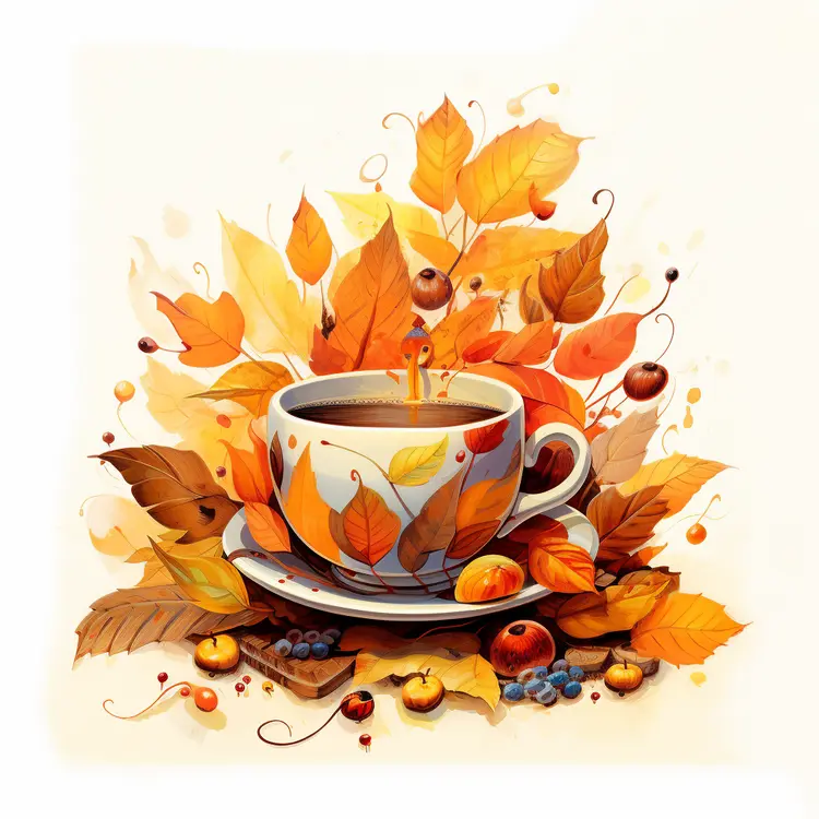 Decorative coffee cup with autumn leaves