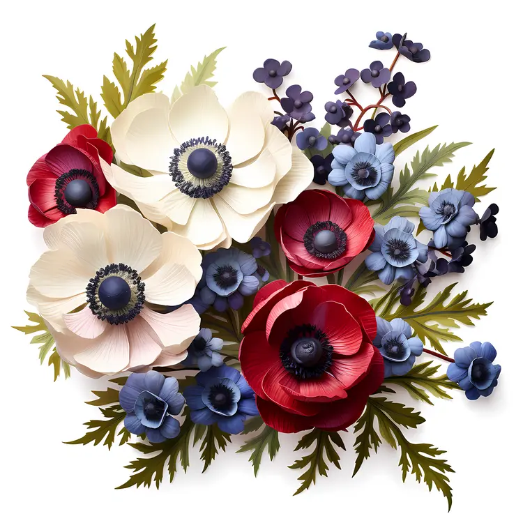 Vibrant Red, White, and Blue Anemone Flowers