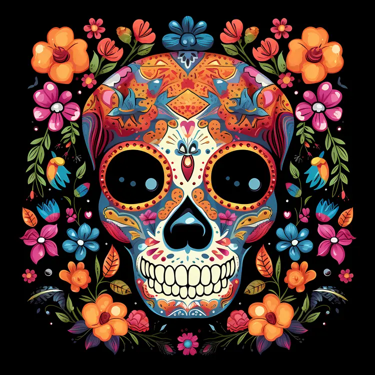 Colorful Sugar Skull with Floral Decorations for Day of the Dead