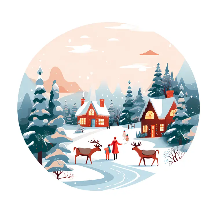 Snowy Village with Reindeer and Family