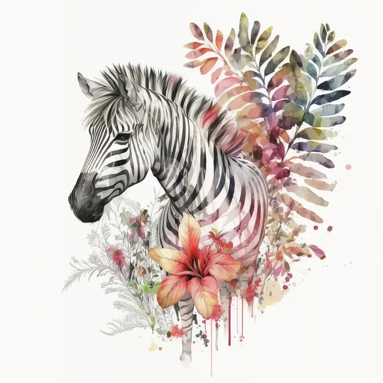 Watercolor Zebra with Flowers and Leaves