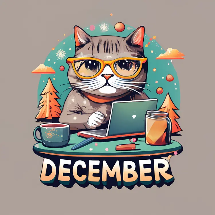 Cat with Glasses and Laptop in December