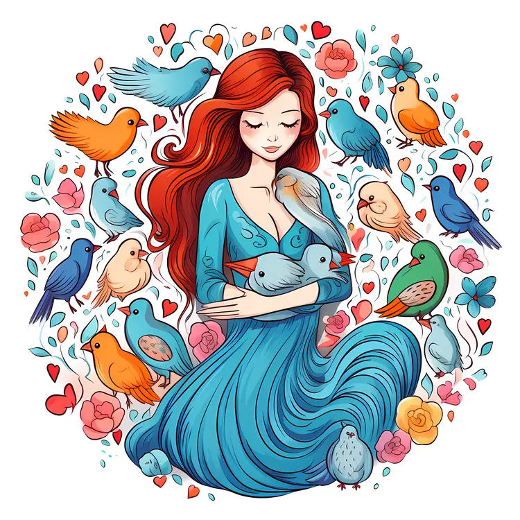 Girl with Birds in a Colorful Garden